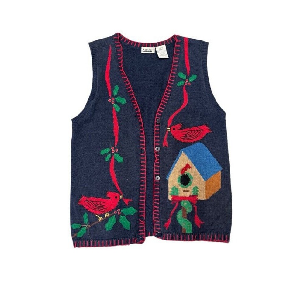 Vintage Capacity Cardinal Bird House Holly Embroidered Blue Sweater Vest Large
